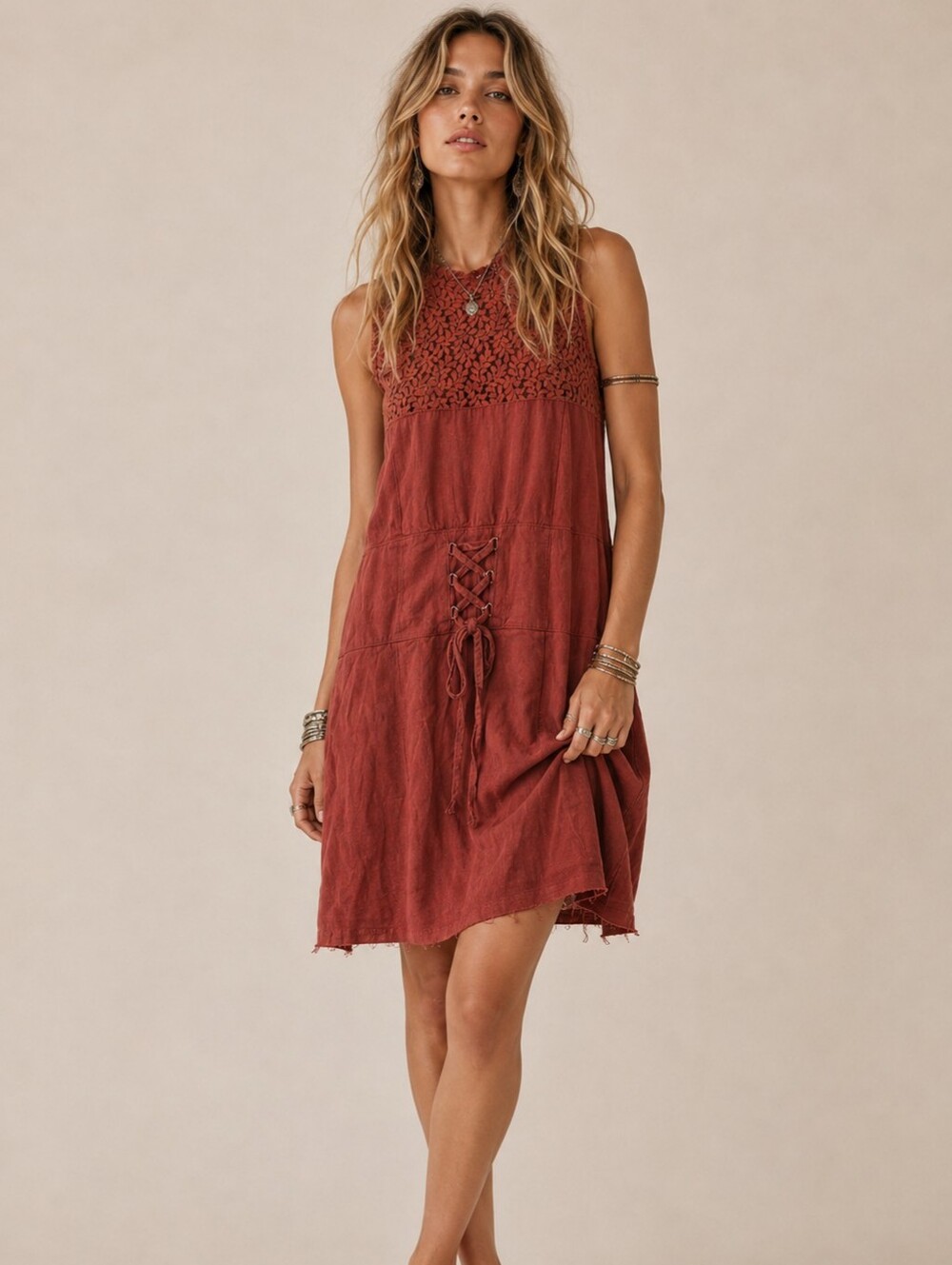 Intimately Free People Lace Front Mini Dress Size S Rust Brick Boho